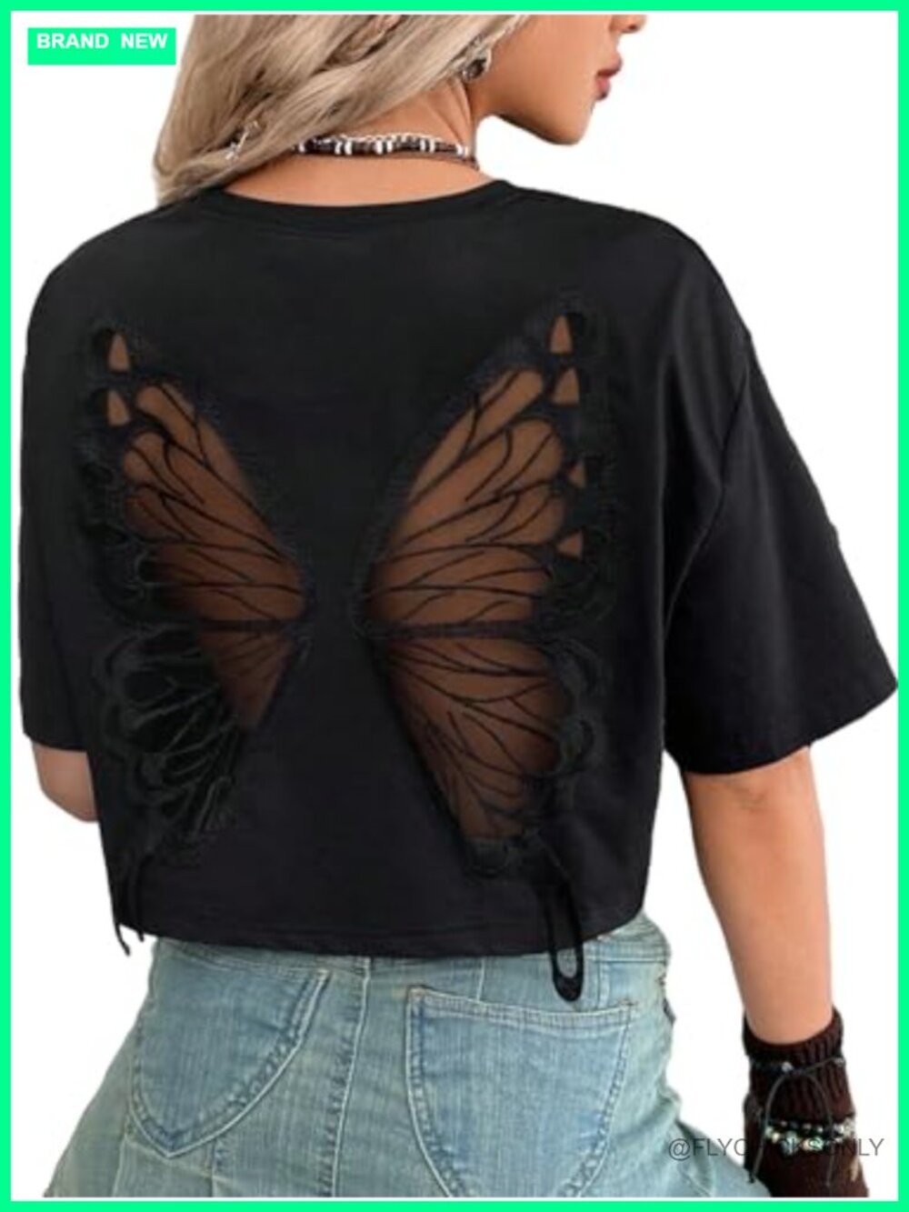 Women's Gothic Butterfly Crop Tee Short Sleeve Y2K Witchy Grunge Top